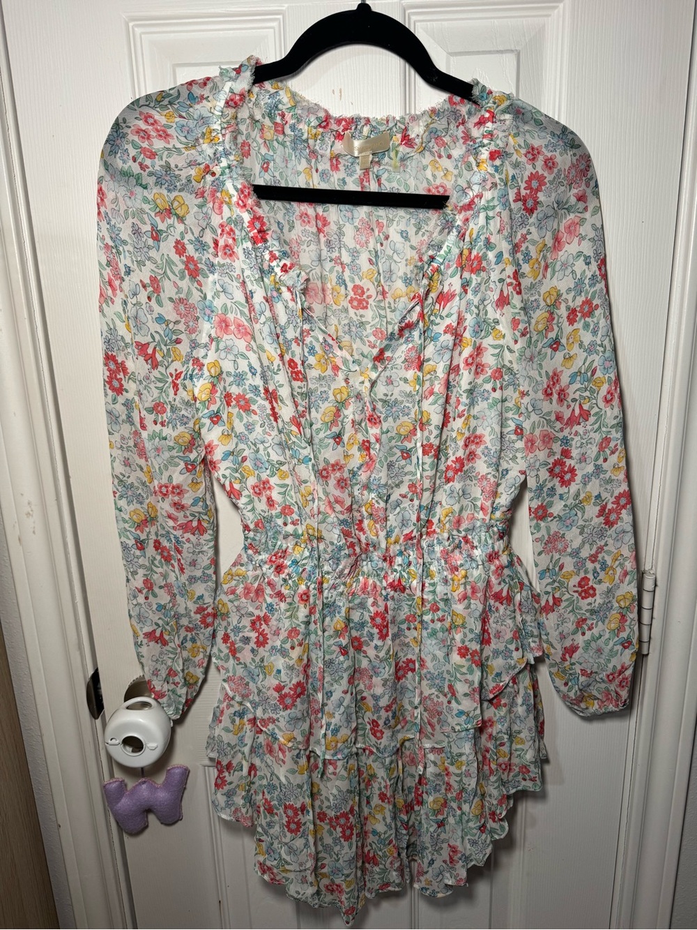 LoveShackFancy White Floral Ruffle Mini Dress with Pink & Yellow Print